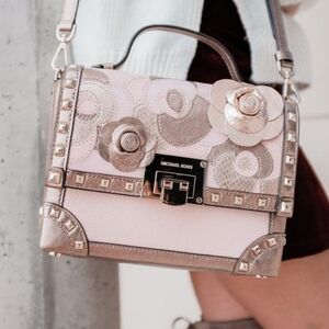 Michael Kors Small Tina Trunk Ballet Pink Floral Metallic Rose Gold Crossbody